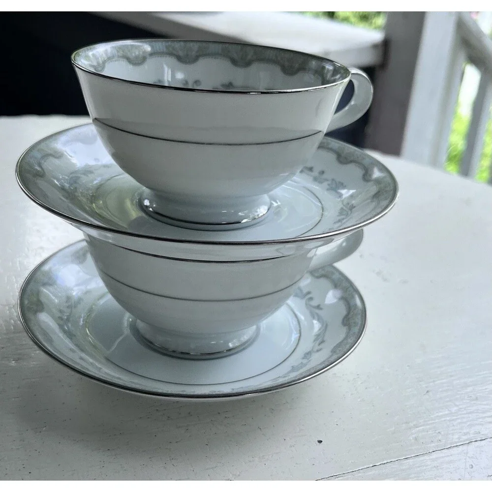 Set of 2 Vintage Noritake 6243 Margaret Tea Cup & Saucer Japan Silver Trim